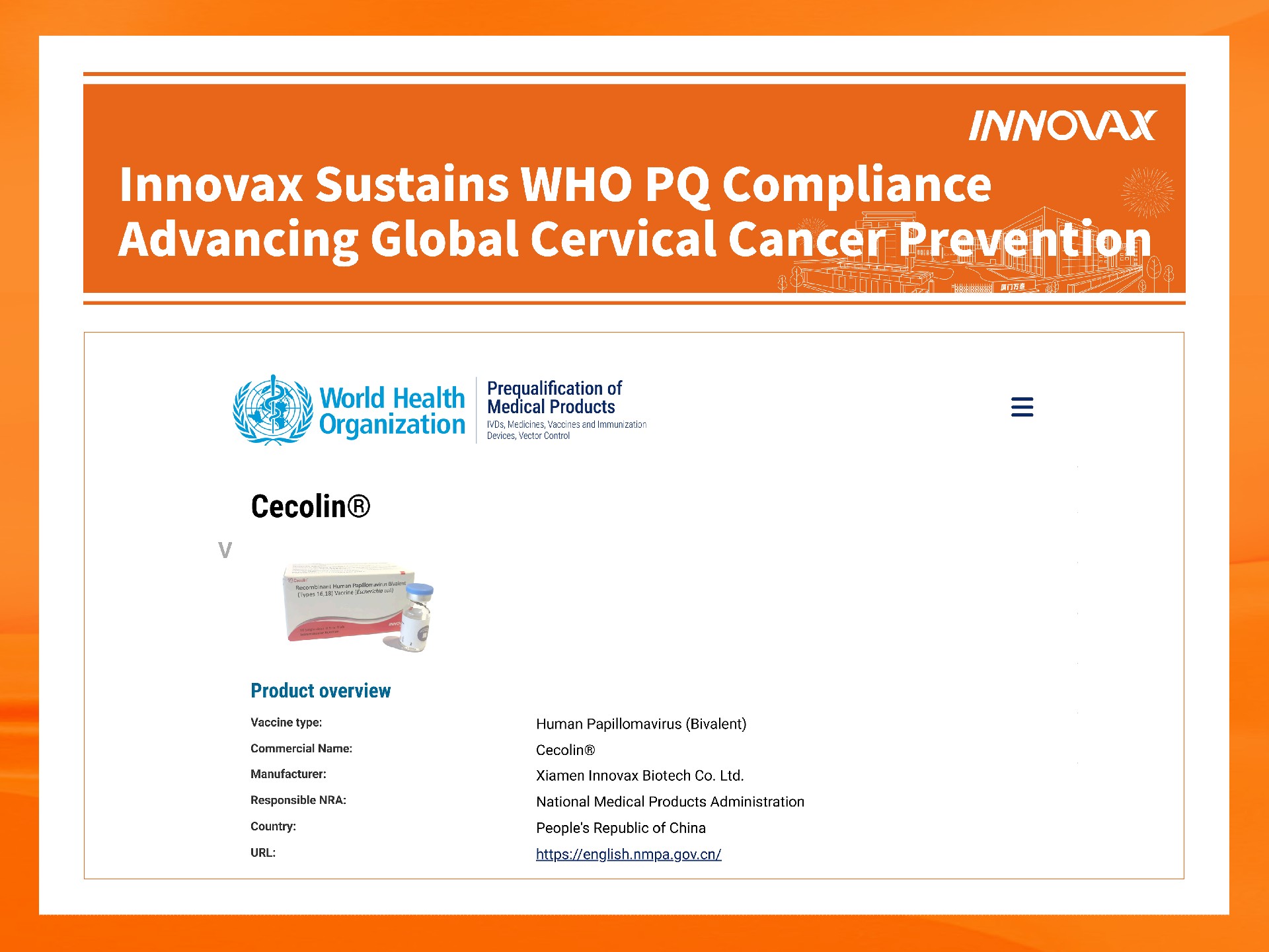 Innovax Sustains WHO PQ Compliance, Advancing Global Cervical Cancer Prevention